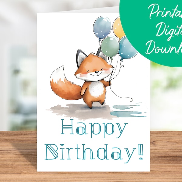 Red Fox Birthday Card | Instant Download, Kids Birthday Card, Printable 5x7 Birthday Card, Fox Happy Birthday Card, Fox Lover Gift