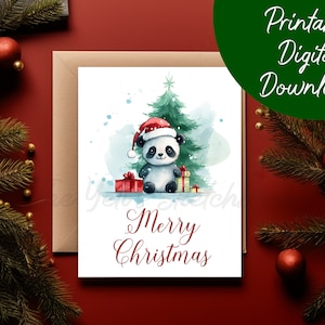 Download digital para impressão de cartão de Natal Panda | Cartão de Natal para impressão de panda fofo, cartão de Natal em aquarela, feliz Natal digital instantâneo