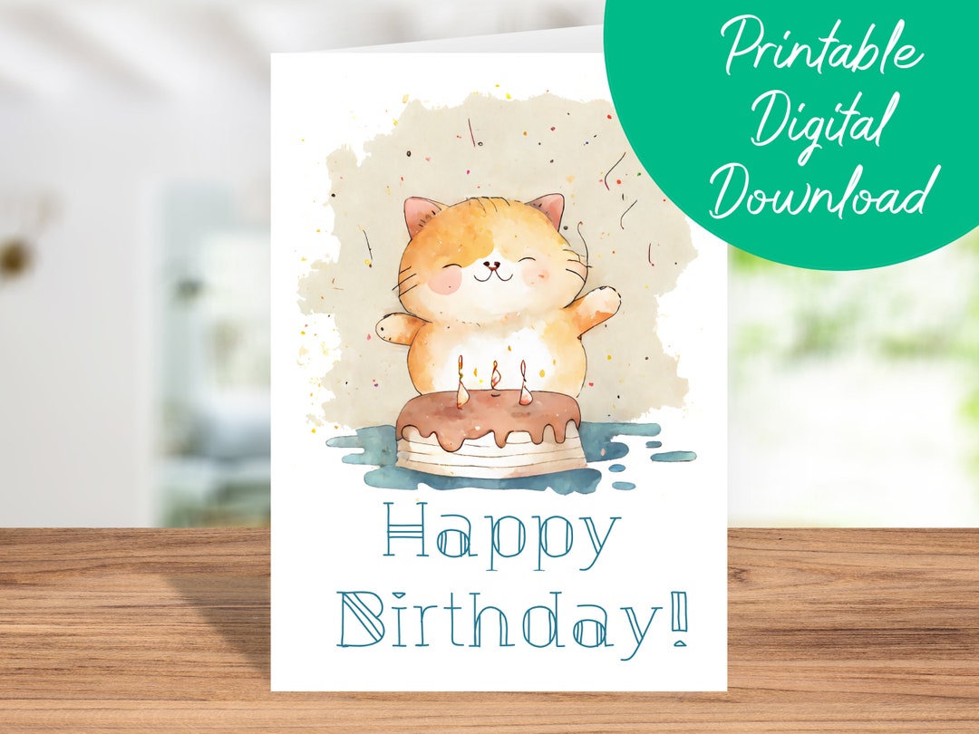 Cat Birthday Card | Instant Download, Kids Birthday Card, Printable 5x7 ...
