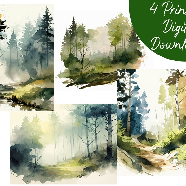 4 Watercolor Landscape Paintings - Forests | Digital Download Wall Art - Print at Home, Muted Horizontal Watercolor, Minimalist Forest