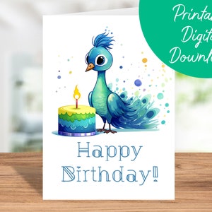 Pfau Geburtstagskarte Sofort Download | Kindergeburtstag, druckbare 5x7 Karte, alles Gute zum Geburtstag, Pfau Geschenk, Luftballons, Last Minute Karte