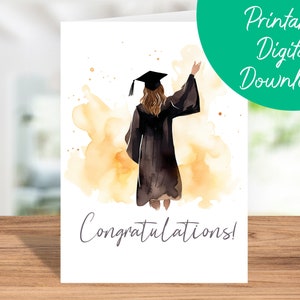 Carte de félicitations pour l'obtention du diplôme | Téléchargement immédiat, carte imprimable 5 x 7 de dernière minute pour les femmes et les filles, carte bonnet et robe