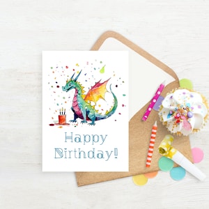 May include: A watercolor illustration of a green, blue, and orange dragon with a red candle on a cake. The dragon is surrounded by confetti and the text "Happy Birthday!" is written below the dragon.