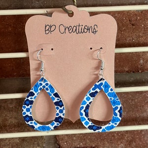 Blue Patterned Faux Leather Earrings