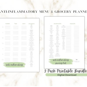 May include: Printable anti-inflammatory menu and grocery list planner. The planner includes a weekly meal planner and a grocery list with a section for "expected food list" and "shopping list".