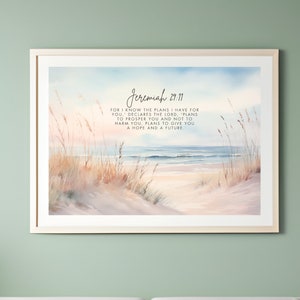 K&ouml;nnte beinhalten: Ein Aquarellbild einer Strandszene mit einem Zitat aus Jeremia 29,11: "Denn ich wei&szlig;, welche Pl&auml;ne ich f&uuml;r euch habe...Pl&auml;ne zum Wohl und nicht zum Ungl&uuml;ck, Pl&auml;ne, euch Hoffnung und Zukunft zu geben."