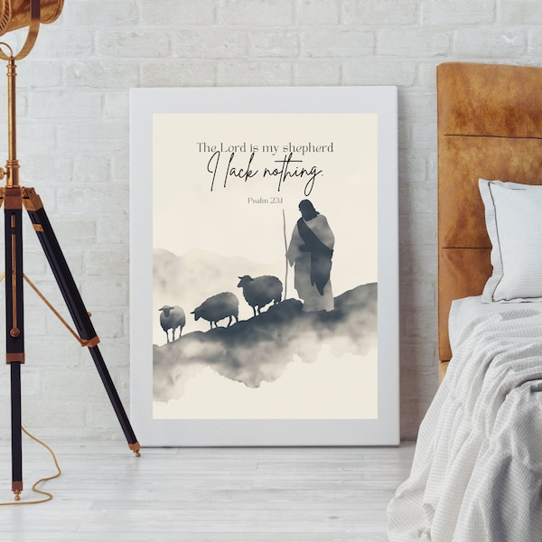 Psalm 23:1 Printable Art - The Lord is my Shepherd, Minimalist Design in Muted Grays and Soft Whites, Symbolic and Serene - Christian Wall