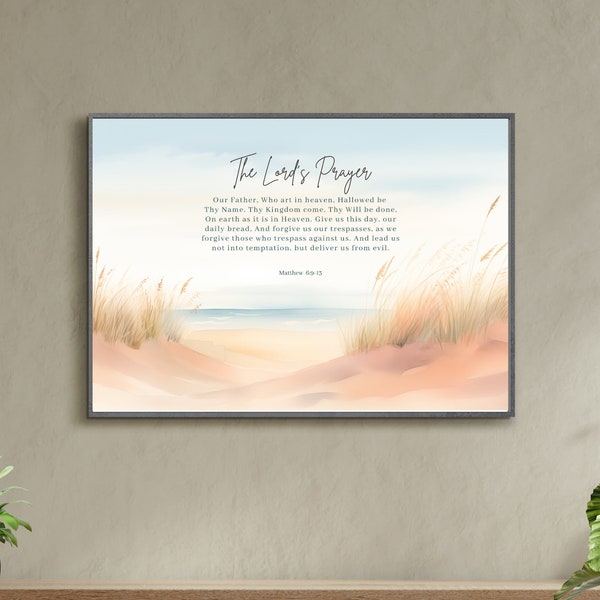 Matthew 6:9-13 Printable - The Lord's Prayer on Beach Scene Watercolor Art, Soft Pastel Peach Colors - Our Father In Heaven - Beach House