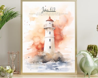 John 8:12 Watercolor Lighthouse Print | Minimalist Bible Verse Art | Digital Download | I am the light of the world.