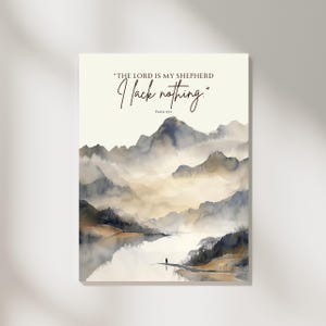 Psalm 23:1 Minimalistisches digitales Poster – ruhige chinesische Aquarellkunst, Mann zu Fuß im Berg, üppige Farm & Sonnenaufgangslandschaft