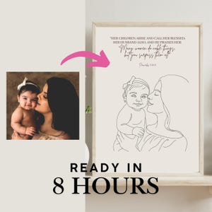 Könnte beinhalten: Eine Linienzeichnung einer Mutter und eines Kindes mit dem Zitat "Ihre Kinder stehen auf und preisen sie glücklich; ihr Mann auch, und er lobt sie: Viele Frauen tun edle Dinge, aber du übertriffst sie alle." Sprichwörter 31:28-29