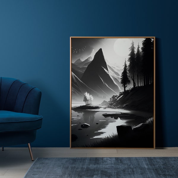Tableau Paysage montagne et rivière en noir et blanc