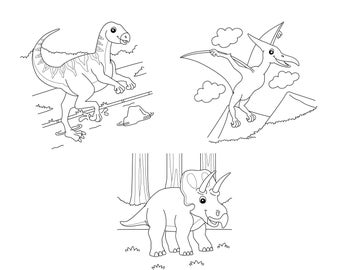 May include: Black and white line art illustration of four dinosaurs. The dinosaurs are a velociraptor, a pterodactyl, a triceratops, and a brachiosaurus.