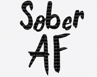 以下が含まれることがあります： 手書き風の「Sober AF」という黒と白のグラフィックテキストです。