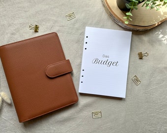 Könnte beinhalten: Ein brauner Lederplaner mit Verschluss, neben einem weißen Blatt Papier mit dem Aufdruck "Das Budget". Goldene Büroklammern und eine kleine Pflanze in einem Holzhalter sind ebenfalls zu sehen.
