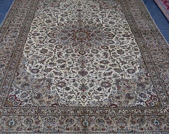 Gebroken wit Perzisch groot vloerkleed 10 x 13 ft, handgemaakt wollen woonkamertapijt, zacht geweven tapijt