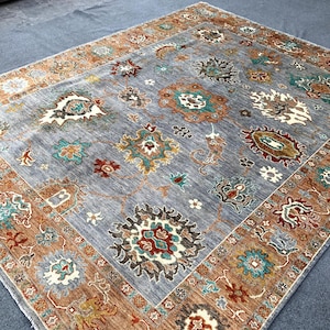 8x10 Gray Wool Oushak Rug: Hand-Knotted Vintage Turkish Area Rug