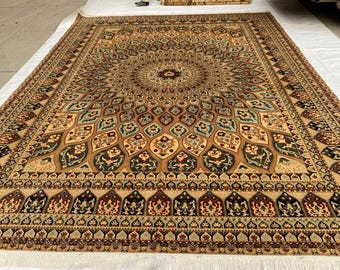 Handgemaakt beige wollen vloerkleed 10 x 13 ft, geometrisch ontwerp zacht Perzisch woonkamertapijt, eetkamertapijt van uitstekende kwaliteit