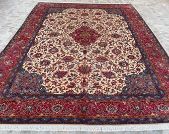 Handgemaakt groot tapijt van Perzische wol 10 x 13 ft, beige oosters groot vloerkleed woonkamer, geometrisch ontwerp