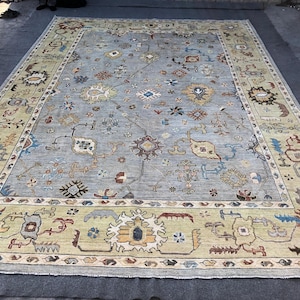 Vintage Großer Teppich 10x14 - Handgefertigter Grau Gelber Teppich aus Oushak - Oushak Wohnzimmer Teppich Schlafzimmer 10x14 Grauer Teppich