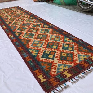 Afghan Kilim Hallway Runner Rug 9.6 x 2.7 Ft, Handmade Wool Runner, Tribal Flatweave Rug, Long Narrow Entryway Rug, Vintage Tribal Runner