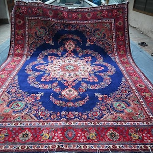 Alfombra Tabriz azul marino, alfombra azul de 10 x 13, alfombra de lana persa de gran tamaño para interiores y exteriores, alfombras de lana hiladas a mano, decoración de sala de estar de pelo suave