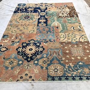 Alfombra de lana hecha a mano con diseño de patchwork naranja de 6x9 pies, alfombra afgana oriental vintage, alfombra floral para dormitorio.