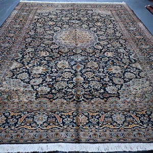 Hand-Knotted Afghan Wool Rug 9x12: Navy Blue Medallion Persian Rug