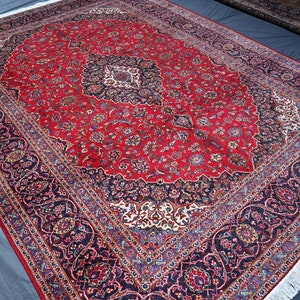 Kashan Red Area Rug 10x13 ft: Vintage Handmade Wool Red Medallion Rug