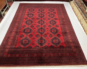 Handmade Afghan Wool Rug: 8x11.7 ft Vintage Turkmen Red Rug