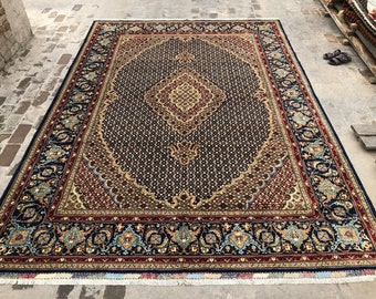 Hand-Knotted Wool Persian Rug 9x12: Navy Brown Medallion Design