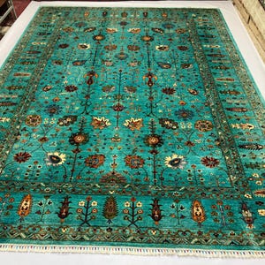 Hand Knotted Turquoise Wool Rug 9x12: Afghan Oriental Bidjar Chobi