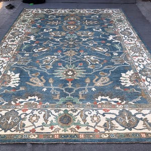 10x14 Blue Oushak Rug: Handmade Wool, Large Geometric Area Rug