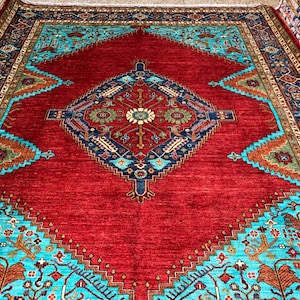 Alfombra de lana anudada a mano de 9 x 12 pulgadas: medallón rojo, diseño oriental afgano