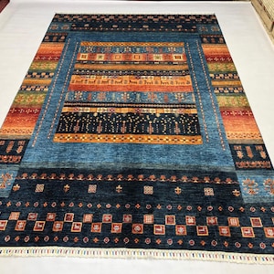 Blue 7x10 Ft Gabbeh Area Rug , Handmade Wool Oriental Rug , Orange Blue Living Room Rug , Animal Pattern Farmhouse Rug - Tribal Afghan Rug