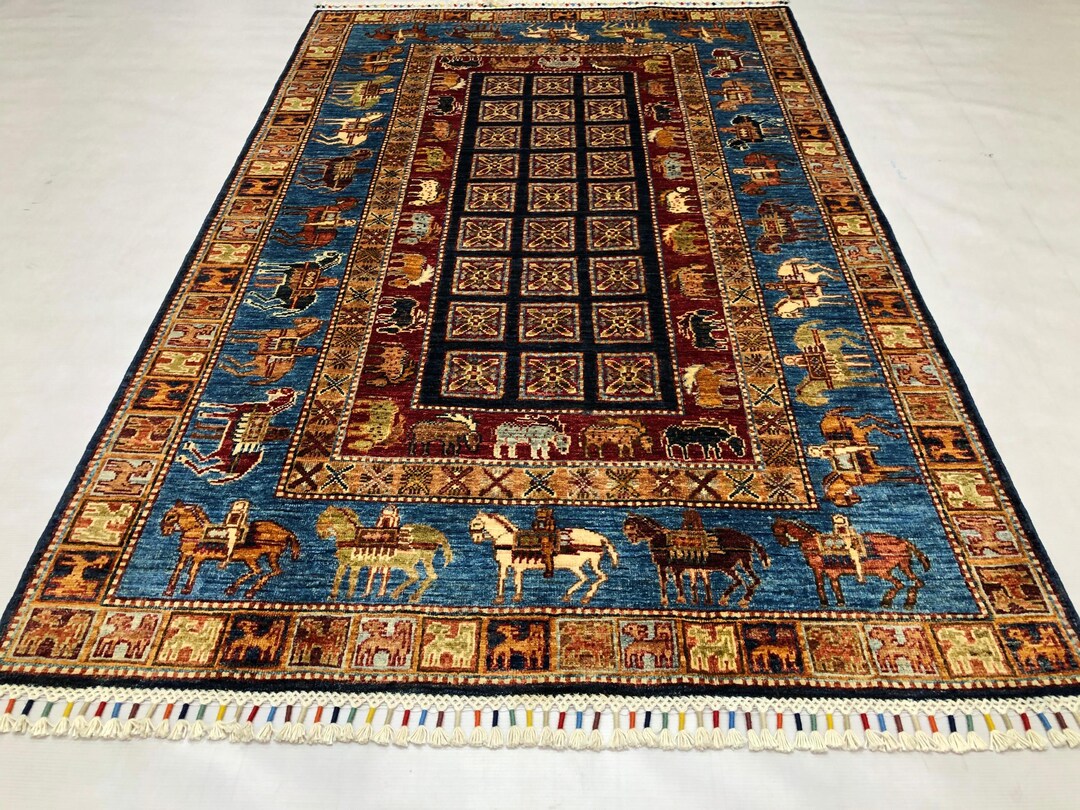 Red Blue 4x6 Ft Pazyryk Area Rug , Horse Design Wool Rug - Vintage ...