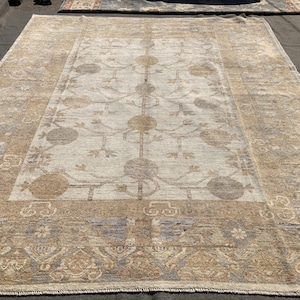 8x10 Beige Oushak Rug: Vintage Handmade Wool Area Rug