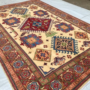 Beige Afghan Kazak Rug 6.7x9 ft, Authentic Wool Oriental Rug, Natural Veg dyes Geometric Rug, Rug for Bedroom - Living Room Rug Home Decor