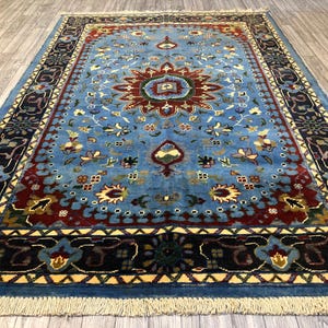 Handmade Small Blue Rug 3x5 ft  -Blue Persian Wool Rug - Accent Entry Rug - Bedside Floral Rug - Kitchen Decor Rug - Oriental Small Area Rug