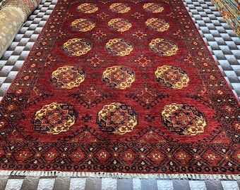 Alfombra roja Ersari tejida a mano de 2 x 3 m, alfombra afgana oriental de lana, alfombra para dormitorio
