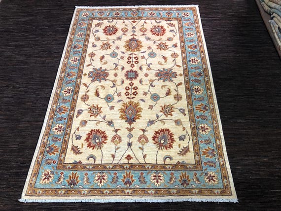Handmade Wool Ziegler Rug 4x6: White Blue Floral Afghan Rug - Etsy