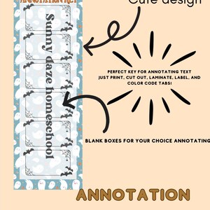 May include: A printable bookmark with a Halloween theme. The bookmark has a blue background with a pattern of white ghosts and bats. The bookmark has a section for an annotation key with the text "Sunny daze homeschool". The bookmark also has blank boxes for annotating text.