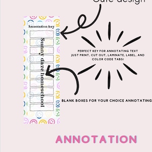 Könnte beinhalten: Ein druckbares Lesezeichen mit einem farbenfrohen Design mit Smiley-Gesichtern und leeren Kästchen zum Anmerken. Der Text "Annotation key" und "Sunny daze homeschool" ist auf dem Lesezeichen enthalten. Der Text "Cute design" und "Perfekter Schlüssel zum Anmerken von Text. Einfach ausdrucken, ausschneiden, laminieren, beschriften und mit Farbcodes versehen!" ist auf dem Bild enthalten.