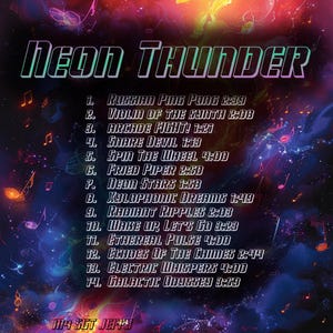 以下が含まれることがあります： ネオンピンクとブルーのアルバムカバーで、タイトルは「NEON THUNDER」。14曲のタイトルと時間がリストされています。背景は銀河のようなデザインで、星と音符が描かれています。