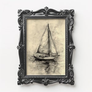 Sailboat Sketch Classic Digital Download Pencil Drawing Sailboat Nautical Art Print Ocean sailing black and white drawing of ocean sailboat
