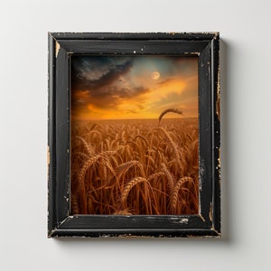May include: A black framed picture of a field of wheat at sunset with a full moon in the sky.