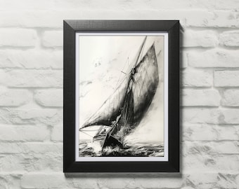 Segelboot Sturm Kohle Skizze Print, Nautische Wand Kunst (Digitaler Download)