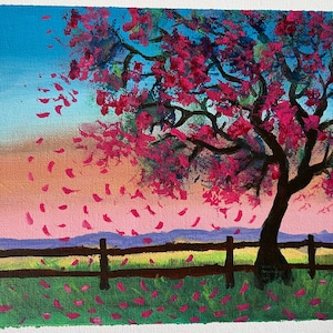 Original Acrylic Landscape Painting in the Canvas Board Original Art Cherry Blossom Landscape 8 by 10 inches