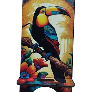Wooden Phone Holder With Lucky Toucan Bird Print