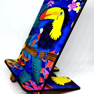Wooden Phone Holder With Lucky Toucan Bird Print